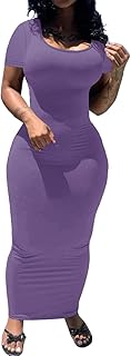 Women's Casual Bodycon Maxi Dress Summer Scoop Neck Short Sleeve Long Fitted Dresses Club Party - Buy now