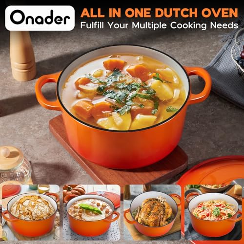 Onader 3QT Cast Iron Dutch Oven Pot with Lid, Round Dutch Oven for Sourdough Bread Baking, Small Enameled Heavy Duty Cookware - Orange