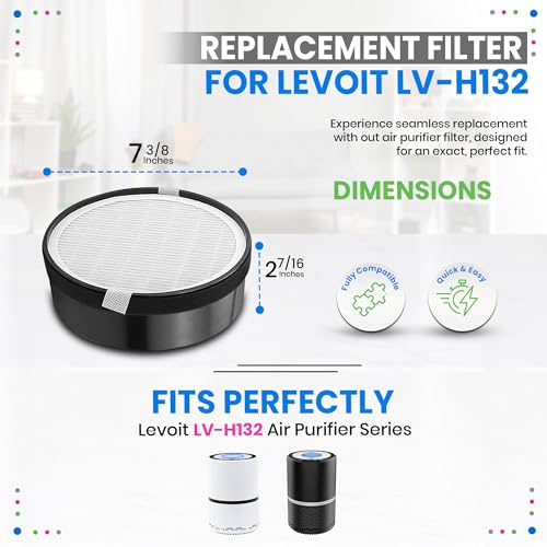 Image of Bagean LV-H132 Replacement Filter for Levoit Air Purifier Compatible with Levoit LV-H132 Replacement Filter - Certified H13 True HEPA with Carbon Filters 99.97% of Particles and Purifies Air (1-Pk)