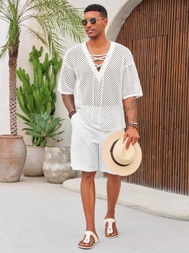 Runcati Mens Lace Up Beach Shirts Hollow Out V Neck Half Sleeve T Shirts Knit Crochet See Through Summer Tops4