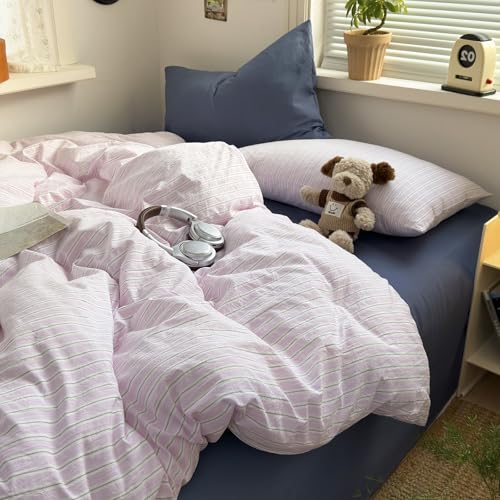 Image of VM VOUGEMARKET Pink Striped Duvet Cover Set Queen Size,Casual Stripe Bedding Set for Teens Girls,Soft Microfiber Comforter Cover for Modern Bedroom,90 inchx90 inch