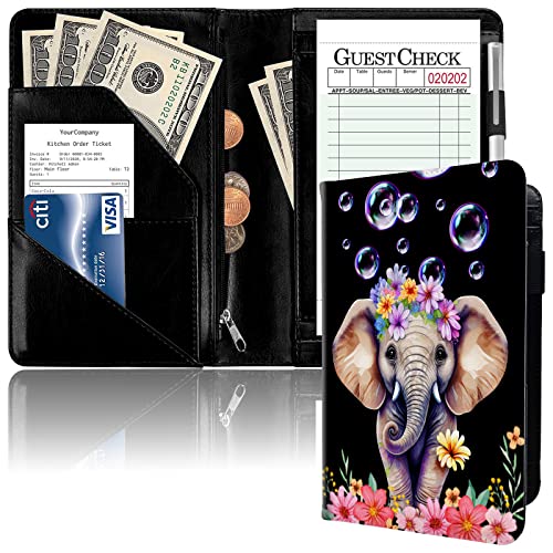 Server Book for Waitress, Leather Waiter Book Server Wallet with Zipper Pocket, Cute Waitress Book & Waitstaff Organizer with Money Pocket Fit Server Apron, Cute Elephant Bubbles - Thumbnail 7