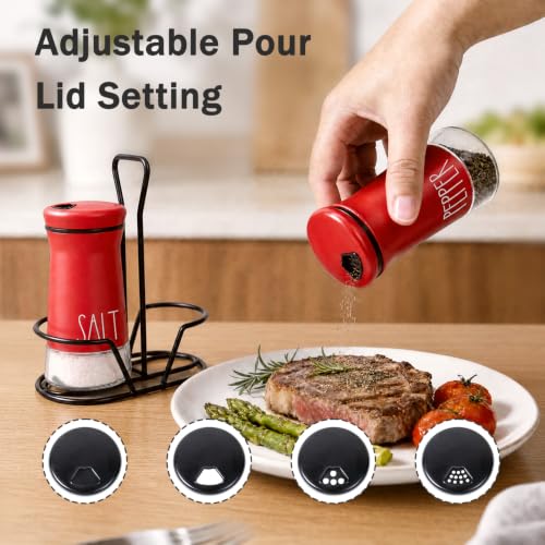 Image of Aelga Farmhouse Salt & Pepper Shakers with Holder, Adjustable Holes - Red | 4oz glass body, wide mouths for easy refills and cleaning, closed lids help keep spices fresh for kitchen and dining use.