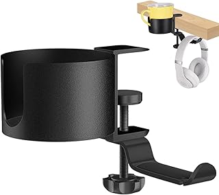 Pretty Kaurv Desk Cup Holder 2 in 1 Desk Cup Holder with Headphone Hanger 360-Degree Rotation Adjustable Arm Clamp Headset Hook Bottle Holder Table Side Drink Hanger for Desk Table Desk Cup