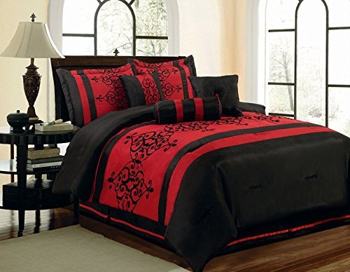 KingLinen 7 Piece Queen Catherine Flocking Black and Red Comforter Set
