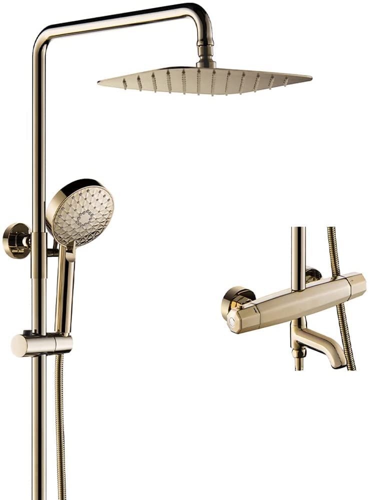 Système de douche mitigeur baignoire laiton doré thermostatique 3 fonctions