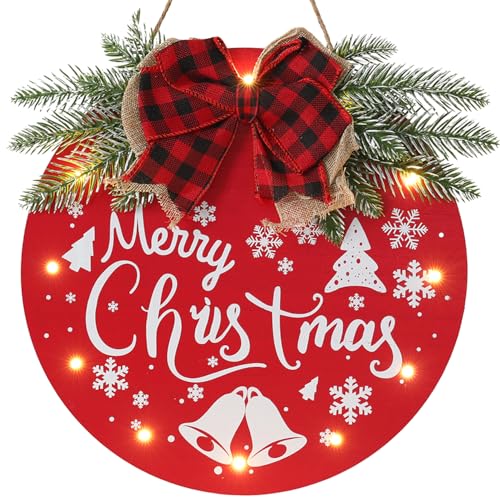HOMCDALY Merry Christmas Welcome Sign for Front Door, Red X-mas Sign with Light, Holiday Door Decoration Wooden Hanging Sign, Christmas Decoration, Wall Art, Wall Decor(Red)