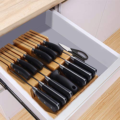Image of NIUXX Bamboo In-Drawer Knife Block Set for 12 Knives(Not Included) | Large Kitchen Detachable Washable Cutlery Slot Organizer Storage Holder for Sharpening Steel and Cutter
