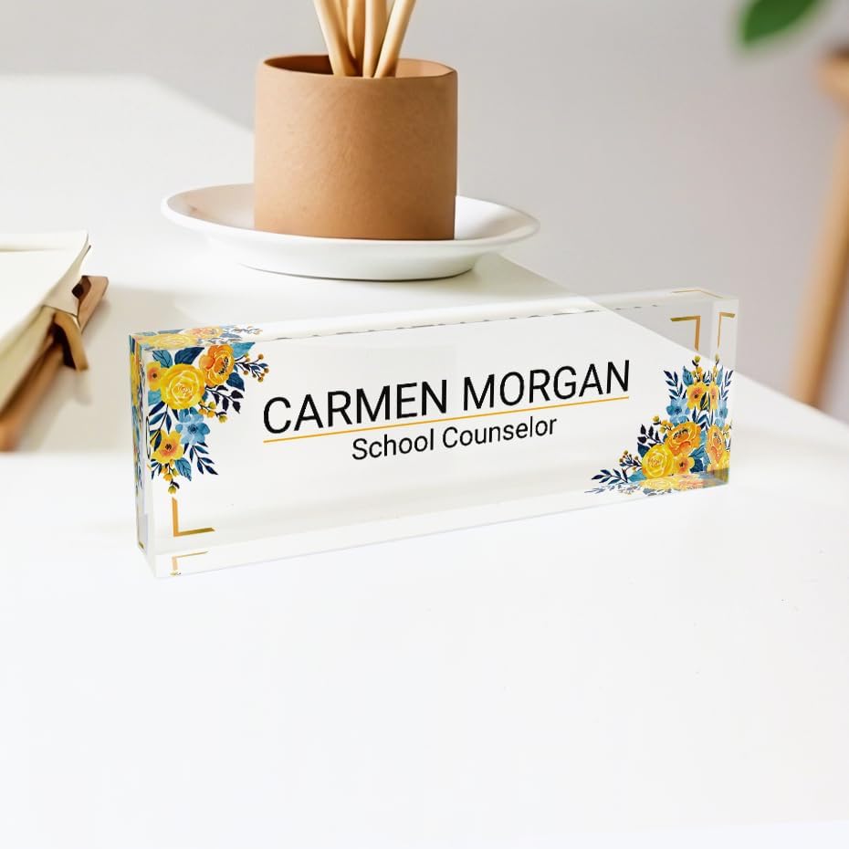 ARTSWAVE Office Name Plate Personalized | Custom Name Plates for Desks on Acrylic Glass Decor | Office Desk Decor Nameplate | Desk Accessories | Yellow Flower - Image 8