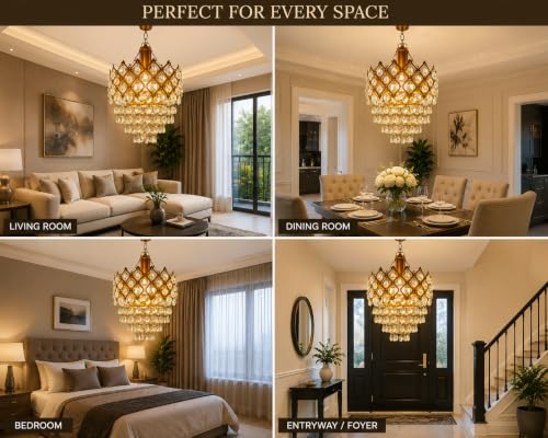Image of Premium Gold Crystal Pendant Chandelier | Modern K9 Crystal Hanging Ceiling Light | E27 Bulb Holder | Luxury Decorative Lamp for Balcony, Bedroom, Hotel & Home Decor