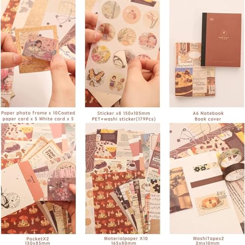 Image of VIBE VISTA Vintage Aesthetic Scrapbook Kit, 346 Pcs, A6 Grid Notebook, Washi, Envelopes, Scrapbook Papers, Folding Labels, Background Papers, Photo Frames, Calendar Stickers, Stickers (Vintage)