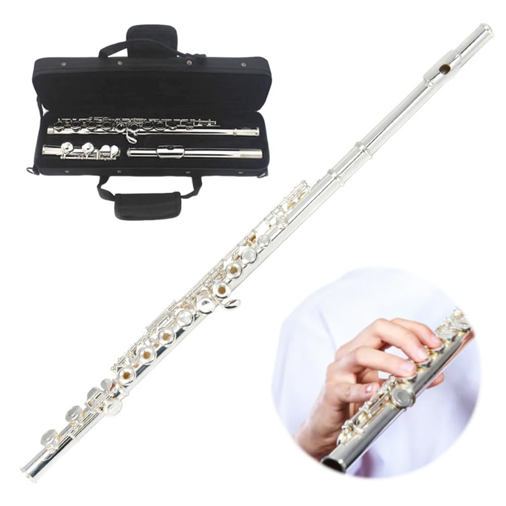 Flauta Travesera Plateada para Principiantes con Estuche Flauta de 16 Llaves en Do Instrument Estudiante