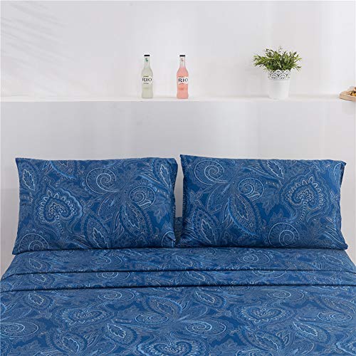 Meishang King Sheet Set Paisley Printed Sheets Ultra Soft 100% Microfiber - 16 Inch Deep Pocket Comfortable Blue Pattern Printed Sheet Set - 4 Pieces Navy Blue King #TOP2