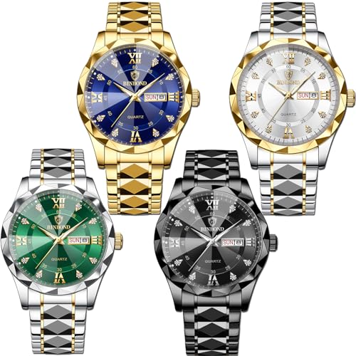 yunanwa 4 Pack Men Watches Diamond Business Dress Analog Quartz Stainless Steel Waterproof Luminous Date Silver Blue Black Gold Luxury Casual Watch for Men (Men-2)