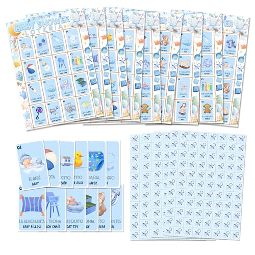 QUDNCR Baby Shower Bingo Games in Spanish English Blue Cute Baby Shower Loteria Bilingual Loteria Activities for Adults Family Friends Funny Mexican Fiesta Bingo Game for Multiple Players-A07
