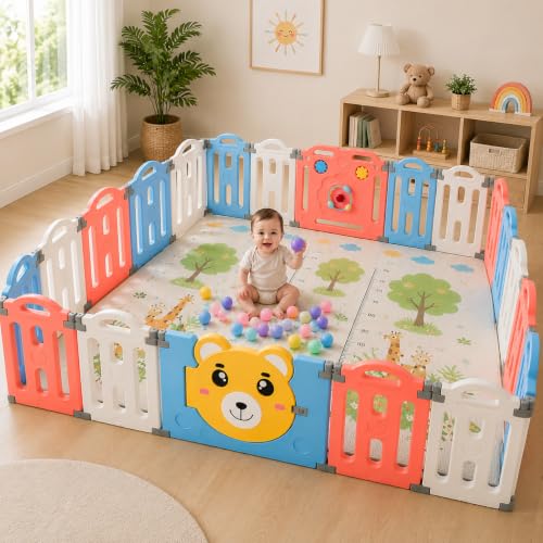 Image of 16 panel Playpen for Babies 0 to 5 year with Mat and Balls Foldable Baby Play Area Indoor Setup Play Yard Fence for Toddlers Kids Playarea Setup Outdoor Children Play Pen with Gate Baby Playpen (4.9 x 6.2 ft=31 SQFT, Multicolor)