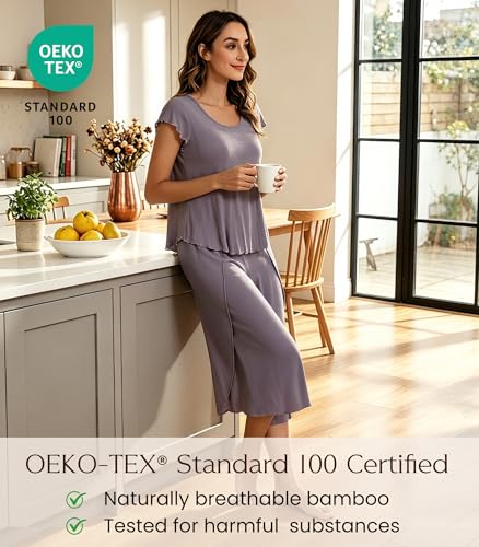 Image of NACHILA Women's Pajamas Set-Viscose Made from Bamboo,Short Sleeve Sleepwear Soft Pjs with Capri Pants Loose Loungewear