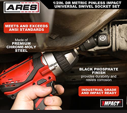 Image of ARES 25125 11-Piece 1 /2-Inch Drive Metric Pinless Swivel Impact Socket Set | Chrome-MolySteel, BlackPhosphateCoating, 360-Degree Swivel,Exceeds ANSIStandards, LimitedLifetime Warranty