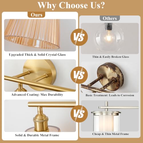 Image of Bathroom Light Fixtures, 3-Light Gold Bathroom Vanity Lights Over Mirror