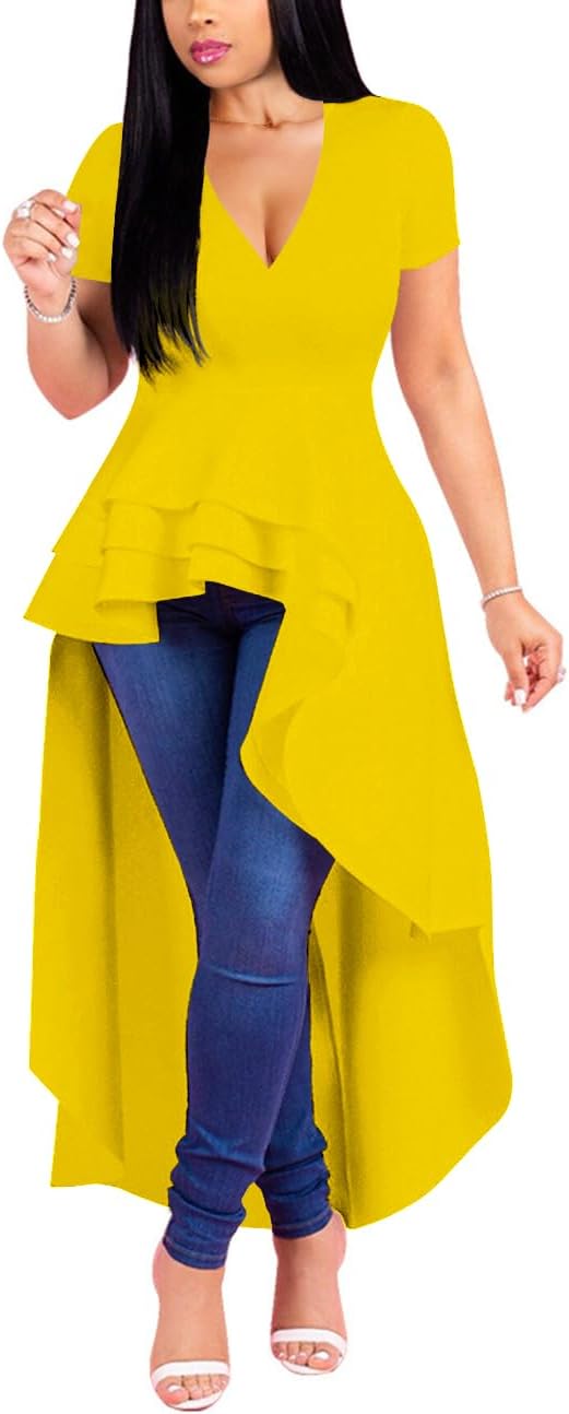 Lrady Womens V Neck Short Sleeve High Low Cocktail Party Dresses Peplum Tunic Tops Shirt Dress - Image 3