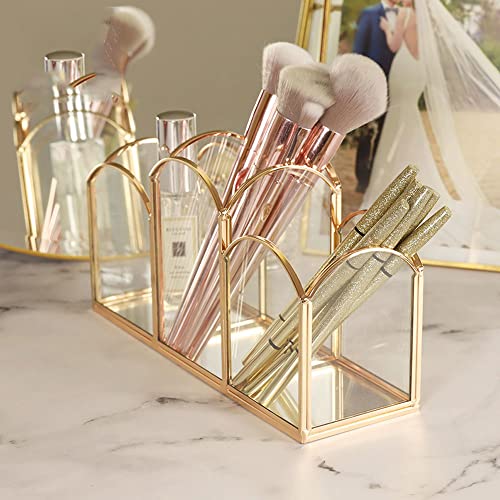 Make up Pinsel Organizer - HARLIANGXY Vintage Make up Pinsel Organizer - Kosmetik Organizer - Glas & Metall Make up Pinselhalter mit 3 Schlitzen - Gold - 23,9 x 7,9 x 13 cm Cover