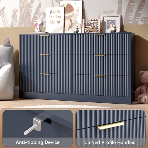 Image of Blue 6 Drawer Dresser for Bedroom,55 inch Wide Fluted Dresser with Gold Handles, Modern Chest of Drawer for Bedroom,Closet, Living Room, Entryway, Hallway(Blue,6 Drawer Dresser)