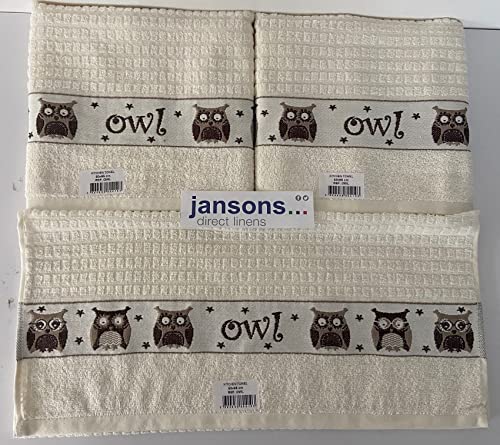 Image of 100% Cotton 3 Pack Owl Design Kitchen Hand Tea Towels in Cream Riggs