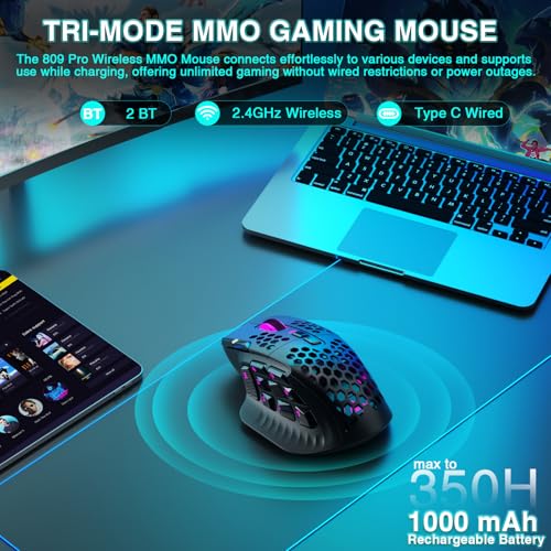 SM809 Pro Wireless MMO Gaming Mouse with 9 Side Buttons,24000 DPI,Triple Connectivity (2.4G/BT5.0/Wired) RGB MMO Mouse for Gamer,16 Programmable Macros,Up to 350H Battery Life,Black - Image 4