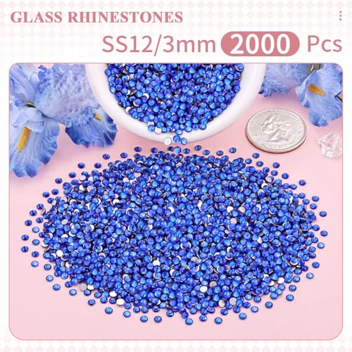 Image of 2000PCS SS12 /3mm Crystal Glass Rhinestones for Bedazzling (Blue /Sapphire) | Flatback Rhinestones for Crafting DIY Nail Art Makeup Decoration, Gems Diomand Charms for Tumbler Shoes Clothing Mug
