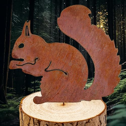 Sitzendes Eichhörnchen Rost Deko für Garten, Metall-Rostiges Eichhörnchen Deko Gartenstecker zum Schraube in Holz für draussen Gartendeko Baumstecker für Rasen, Baumstumpfdekoration Eichhörnchen Figur