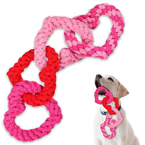 Civaner Valentine‘s Day Dog Pet Chew Toys Interlocking Heart Shaped Rope Toys Tough Dog Puppy Pets Teething Supplies for Small to Medium, 3.9 x 3.5 Inches