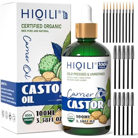 HIQILI Castor Oil Organic Cold Pressed Unrefined Glass Bottle, USDA Certified Organic, Hexane Free - Premium Grade Oil for Face, Hair Growth, Eyelash -3.38 Fl Oz Cover