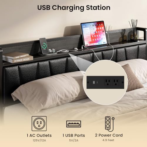 Image of LIKIMIO King Bed Frame, PU Leather Storage Headboard with Charging Station, Solid and Stable, Noise Free, No Box Spring Needed, Easy Assembly, Black