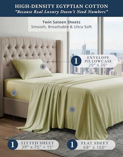 Image of LANE LINEN Twin Bed Sheets for Girls 100% Egyptian Cotton Sateen - Seafoam | Twin Bed In A Bag Set With Sheets - 3-Piece Set, Ideal For Dorms And Guest Beds, For A Luxurious Night's Sleep,