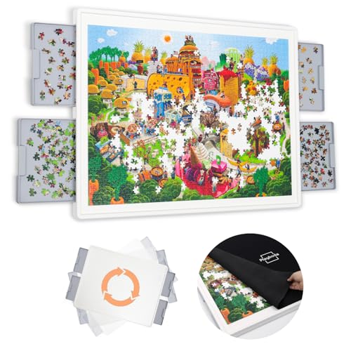 Playboda 1500 Pieces Rotating Plastic Puzzle Board with Drawers and Cover, 35'x27' Portable Spinning Jigsaw Puzzle Table for Adults, Upgraded Lazy Susan, Ideal Gift for Mum