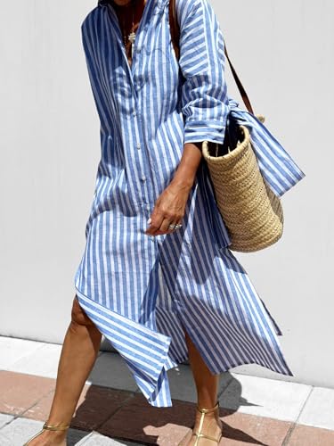 utcoco Womens 2025 Shirt Dress Casual Lapel 3/4 Sleeve Button Down Split Belted Vacation Maxi Dress2