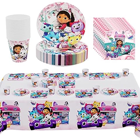 TLESMH Gabbys Dollhouse Birthday Decoration, 61 Pieces, Party Tableware, Party Decoration, Gabby's Dollhouse Birthday Tableware, Plates, Cups, Tablecloths, Napkins, for Children's Birthday Parties Cover