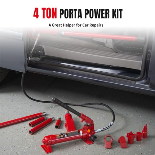 Image of BIG RED 4 Ton Porta Power Kit, 17-Pcs Hydraulic Ram Auto Body Frame Repair Kit With Blow Mold Carrying Storage Case, 8000 Lbs Capacity,Red, T70401S Torin