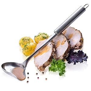 KADAX Opscheplepel, sauslepel van roestvrij staal, sauslepel met lange steel, pollepel, gietlepel, vorlepel met ovale haak, zilver, vaatwasmachinebestendig