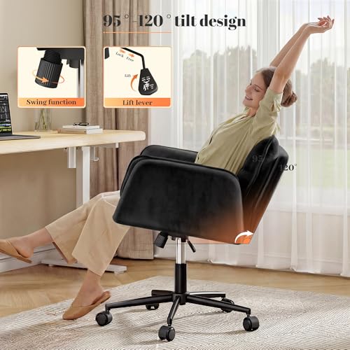Image of DurayLoly Criss Cross Chair with Wheels, Fluffy Vanity Chair with 5-Gear Flip Armrests, Cross Legged Swivel Seat for Bedroom, Makeup Vanity, Home Office, Dorm, Black