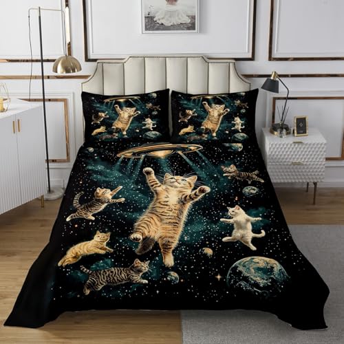 jejeloiu Galaxy Cats Bedspread Twin Size Kids Kitten Print Coverlet Set for Boys Girls Teens Outer Space Quilted Coverlet Breathable Soft Lightweight Black Room Decor
