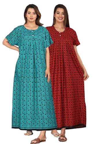Image of Kuruti B Sheets Nighty for Women Cotton Combo (Pack of 2 Pcs) Nighty Gown Round Neck Short Sleeves Free Size