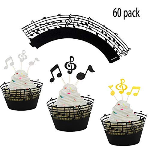 LQQDD (Set of 60) Music Notes Cupcake Topper Music Notes Cupcake Wrappers Lace Muffin Case Cupcake Paper Liner,Music Notes Decorations Party Supplies Birthday Cake Decorating Tools Baby Showers Party
