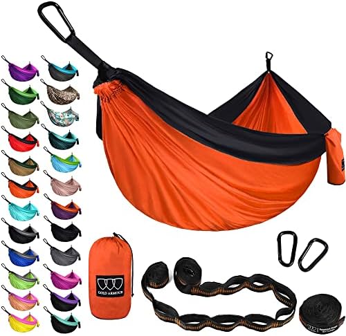 Gold Armour Camping Hammock - XL Double Hammock Portable Hammock Camping Accessories Gear for Outdoor Indoor with Tree Straps, USA Based Brand (Orange and Black)