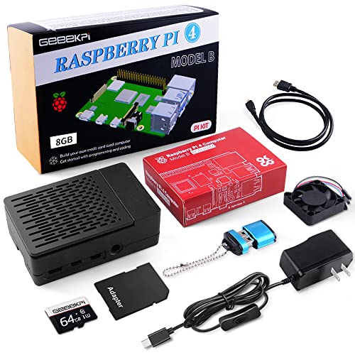GeeekPi Raspberry Pi 4 8GB Starter Kit - 64GB Edition, Raspberry Pi 4 Case with Fan, Raspberry Pi Power Supply with ON / Off Switch, HDMI Cable for Raspberry Pi 4B (8GB RAM)