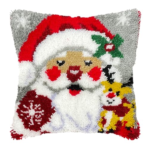 veirousa Christmas Latch Hook Kits for Adults Beginners, Santa & Reindeer Latch Hook Pillow Kit, Pre-Printed Rug Making Kits DIY Embroidery Cushion for Home Sofa Decor 17x17 in.