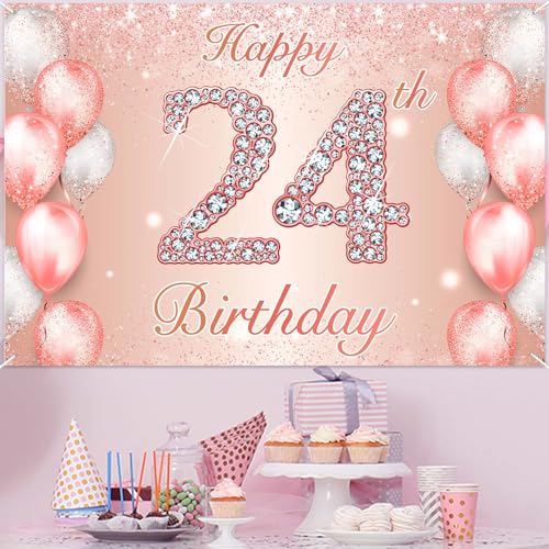 Image of Happy 24th Birthday Rose Gold Banner Cheers to 24 Years Old Backdrop Confetti Balloons Theme Decor for Women 24 Years Old Pink Birthday Party Decorations Bday Supplies Background Favors Gift Glitter