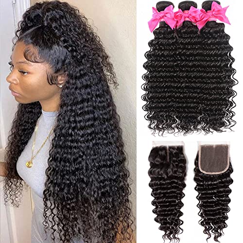 Utrue Hair Deep Wave Human Hair Bundles With Closure (12/14/16 With 10 Inch,Free part) 100% Unprocessed Virgin Human Hair Curly Wave 3 Bundles With Closure 1B Black Color