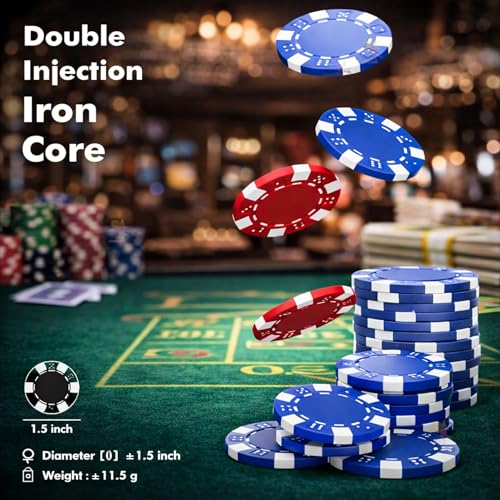 Image of WISHKEY Poker Chips Set 100 Pieces Non-Printed Casino Style Double Injection Iron Core Chips Heavyweight 11.5g Rupees Value Poker Tokens for Casino & Home Games