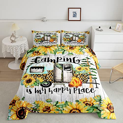 Sunflower Bedding Comforter Queen Size Farmhouse Country Style Comforter Set Happy Camping Down Alternative,Chic Leopard Print Camper Car Cartoon Duvet Quilt with 2 Pillowcases